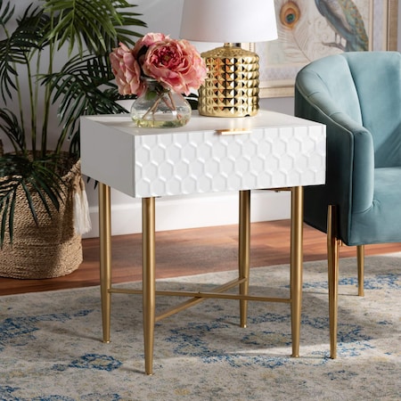Baxton Studio Marcin Contemporary Glam and Luxe White Finished Wood and Gold Metal 1-Drawer Nightstand 199-12008-ZORO